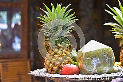 The sacrifice of the gods with many fruits Is the belief Stock Photo