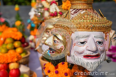 The Sacrifice objects set for the Thai filming project. They prepare in front of the spiritual landlord statue and asking for the Stock Photo