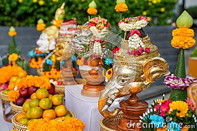 The Sacrifice objects set for the Thai filming project. They prepare in front of the spiritual landlord statue and asking for the Stock Photo