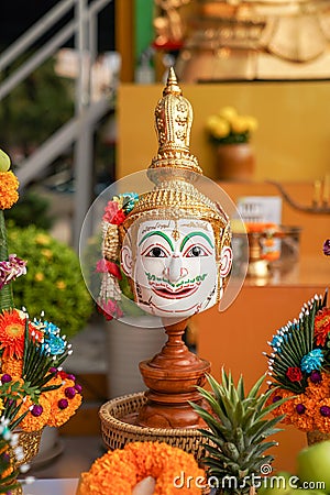 The Sacrifice objects set for the Thai filming project. They prepare in front of the spiritual landlord statue and asking for the Stock Photo