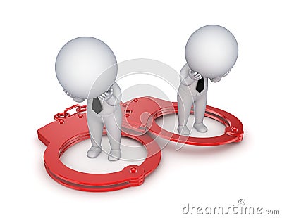 Sad 3d small people, handcuff and red sand glass. Stock Photo