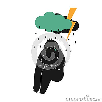 Sad abstract creature sits under rain clouds. Concept of depression, sorrow and negative emotions Vector Illustration