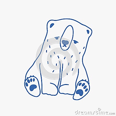 Sad adorable baby polar bear hand drawn with blue contour lines. Cute drawing of unhappy lonely cartoon little Arctic Vector Illustration