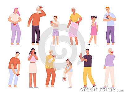 Sad adults, elders and kids with pain in neck, stomach and headache. Cartoon people with hurting back, wrist, throat and Vector Illustration