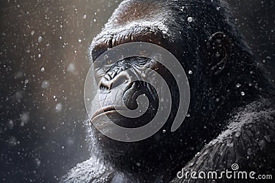 Sad African gorilla in snowfall outdoors, close-up portrait. Stock Photo