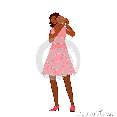 Sad African Woman Hide her Face behind of Smiling Mask. Upset Female Character Psychology Problems, Depression Vector Illustration