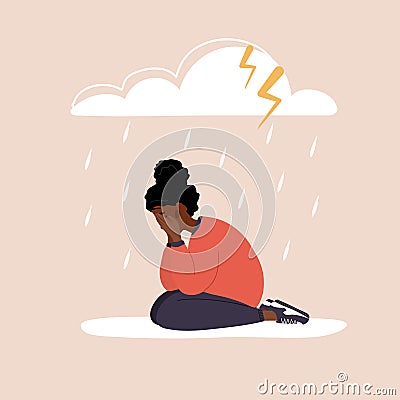 Sad african woman sitting under rainy cloud. Depressed teenager crying. Mood disorder concept. Unhappy girl needs Vector Illustration