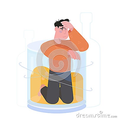 Sad alcoholic man character stands in a glass of whiskey. Concept of alcohol addicted, problem dependence bad habit. Vector illust Vector Illustration