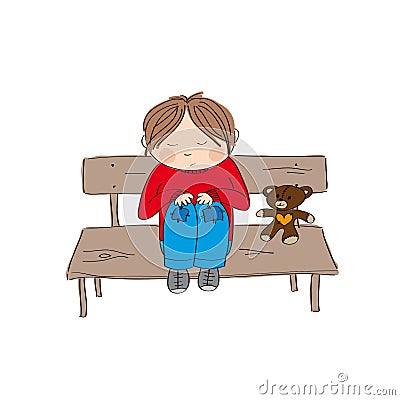 Sad and alone little boy sitting on the bench Vector Illustration