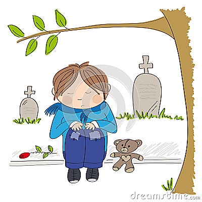 Sad and alone little boy sitting in front of the cemetery Vector Illustration