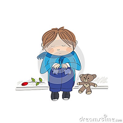 Sad and alone little boy sitting on the pavement, crying Vector Illustration