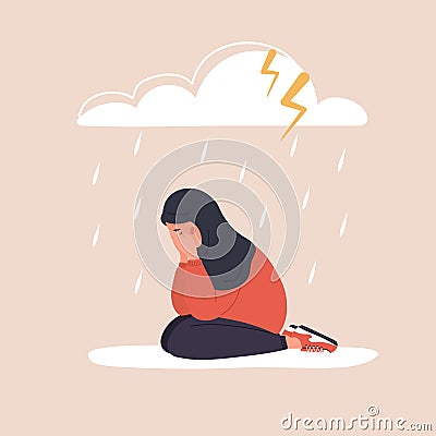 Sad arab woman sitting under rainy cloud. Depressed teenager in hijab crying. Mood disorder concept. Unhappy girl needs Vector Illustration