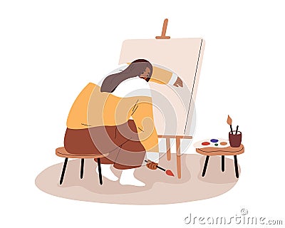 Sad artist at blank canvas. Creative crisis and burnout concept. Depressed uncreative woman painter with lack of ideas Cartoon Illustration