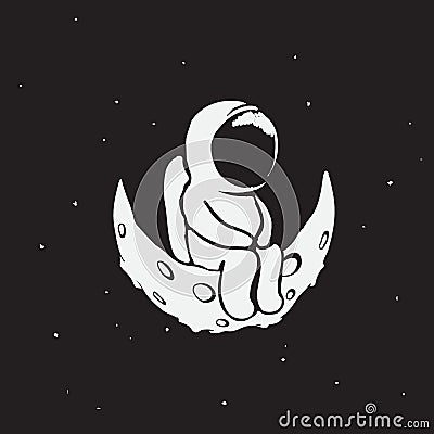 Sad astronaut sits on crescent moon Vector Illustration