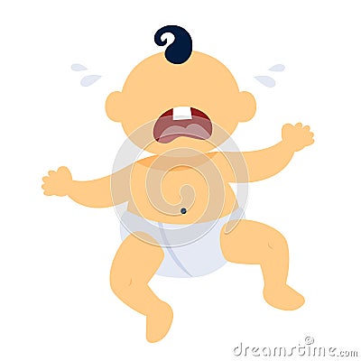 Sad baby boy in blue diapers crying. Vector Illustration