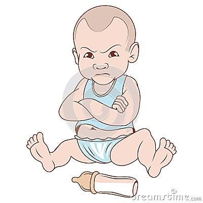 Sad baby. Vector illustration of a cute little baby boy show sad expression. Baby emotions. Eyes with tears, mouth opened Vector Illustration