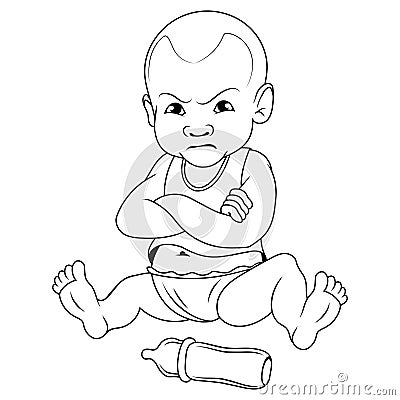 Sad baby. Vector illustration of a sketch cute little baby boy show sad expression. Baby emotions. Eyes with tears, mouth opened Vector Illustration