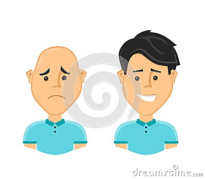 Sad bald man and a happy man with a beautiful luxuriant long hair. Vector design flat cartoon character illustration. Isolated Vector Illustration