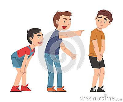 Sad Boy Bullied by Others, Two Boys Mocking, Laughing and Pointing Fingers at Him, Mockery and Bullying at School Vector Illustration