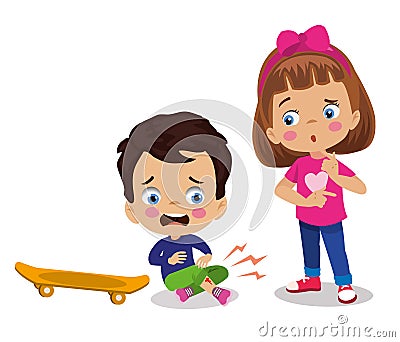 Sad boy with injured foot falling off skateboard and his friend Vector Illustration