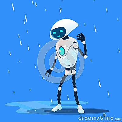 Sad Brocken Robot On Rain Vector. Isolated Illustration Vector Illustration