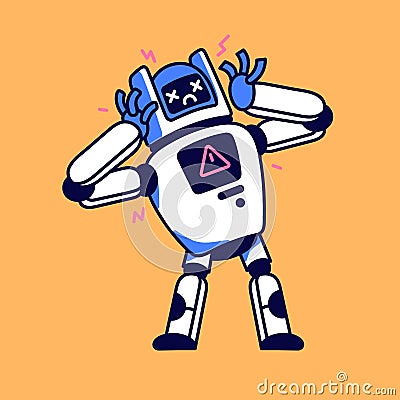 Sad broken robot with warning symbol. Program bug, technical mistake, critical failure, online connection error, server Vector Illustration