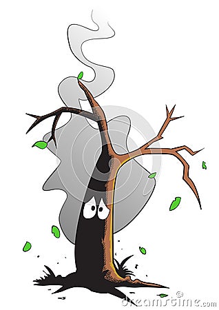 Sad burnt tree smoking after a forest fire Stock Photo