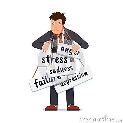 Sad business man overburdened by stress, failure Vector Illustration