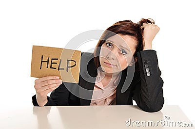 Sad business red haired woman in stress at work asking for help Stock Photo