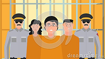 Sad businessman and businesswoman in prison cell Cartoon Illustration