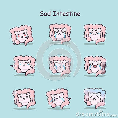 Sad cartoon intestine set Vector Illustration