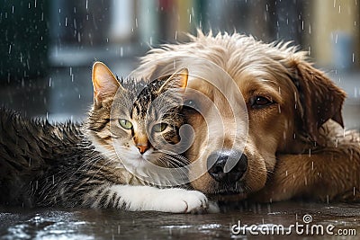 Sad Cat and Dog Lying Together During Rain Outside Stock Photo