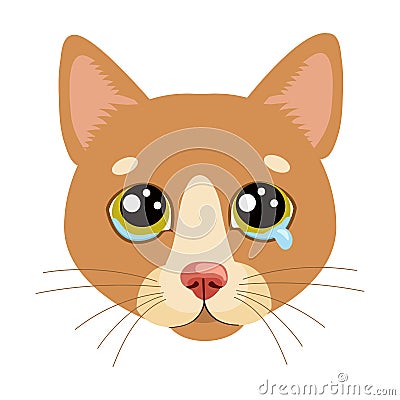 Sad Cat Face Head Vector Icon. Illustration Of Cute Sad Animal. Drear Crying Cat Vector. Vector Illustration