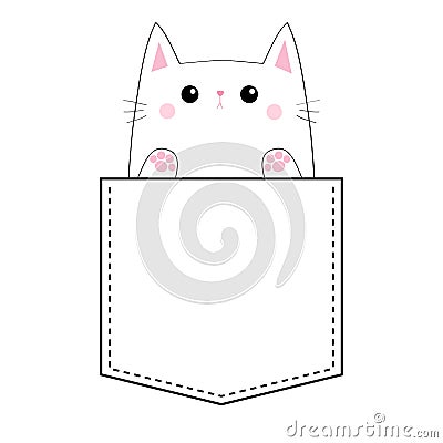 Sad cat in the pocket. Paw print hand. Doodle linear sketch. Pink cheeks. Cute cartoon pet animals. Kitten kitty character. T-shir Vector Illustration