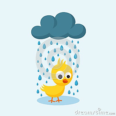 Sad Chick in the Rain on Friday the 13th. Vector Illustration