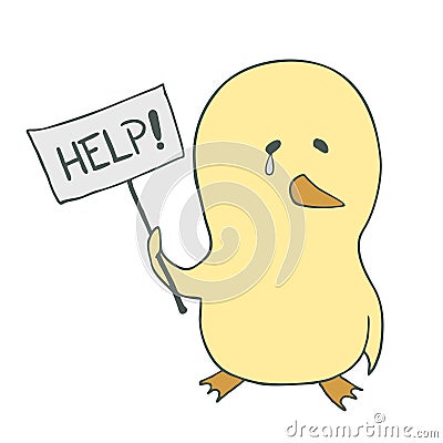 Sad chicken with help message Vector Illustration