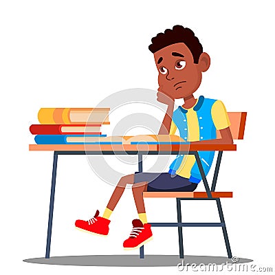 Sad Child Sitting At A Desk In The Classroom Vector. School. Education. Isolated Illustration Vector Illustration