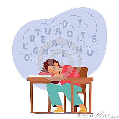 Sad Child Struggles With Their Homework, Burdened By Stress. The Weight Of The Task Casts A Shadow Over Their Shoulders Vector Illustration