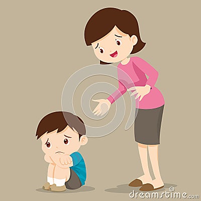 Mother comforting sad boy grieving Vector Illustration