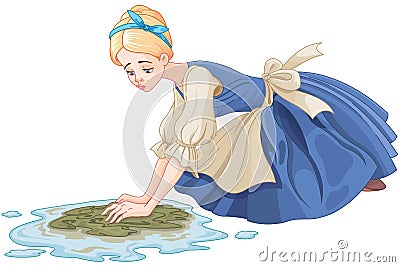 Sad Cinderella Cleaning the Floor Vector Illustration