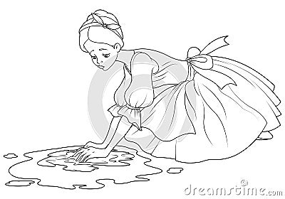 Sad Cinderella Wash the Floor Vector Illustration