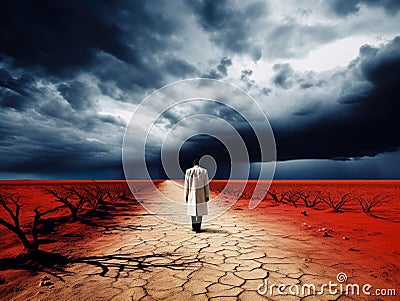 Sad climatologist walking in the eerie and dry land. Climate change concept Cartoon Illustration