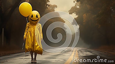 Eerie And Dreamy Photo: Yellow Smiley On Road With Balloons Stock Photo