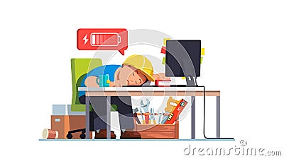 Sad contractor worker fell asleep at workplace Vector Illustration