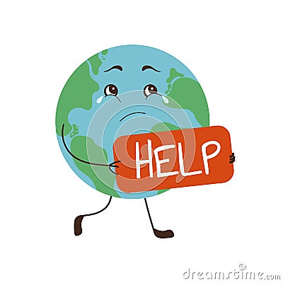 Sad and crying Earth planet ask help Vector Illustration
