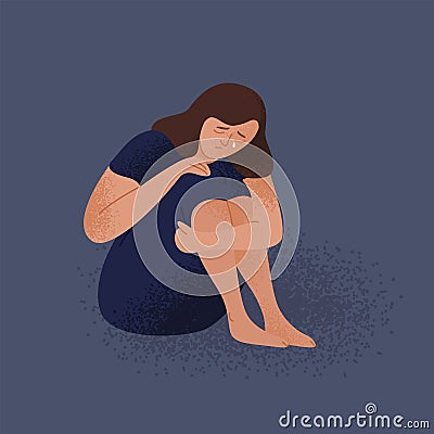 Sad crying lonely young woman sitting on floor. Depressed unhappy girl. Female character in depression, sorrow, sadness Vector Illustration