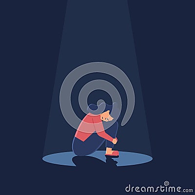 Sad crying lonely young woman sitting on floor in spotlight. Depressed unhappy girl. Female character in depression, sorrow. Vector Illustration