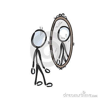 Sad crying man looking in mirror. Vector simple low self esteem reflection in the mirror. Stickman no face clipart cartoon. Hand Cartoon Illustration