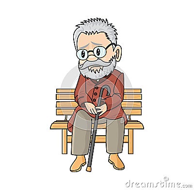Sad cute old man with a cane sitting on a wooden bench. Lonely vector cartoon grandfather. Unlucky pensioner Vector Illustration