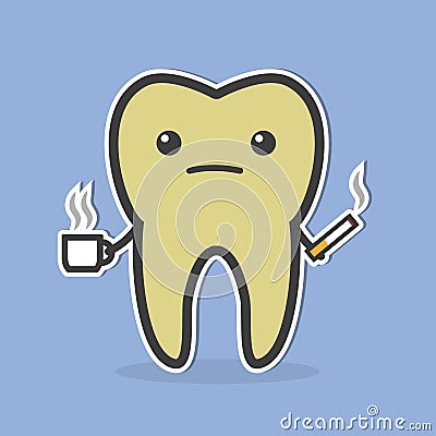 Sad dark tooth with coffee and cigarette. Cartoon Illustration
